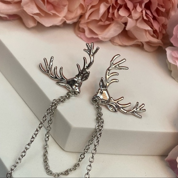 Retro Double Chain Deer Head Collar Lapel Pin - Picture 13 of 16